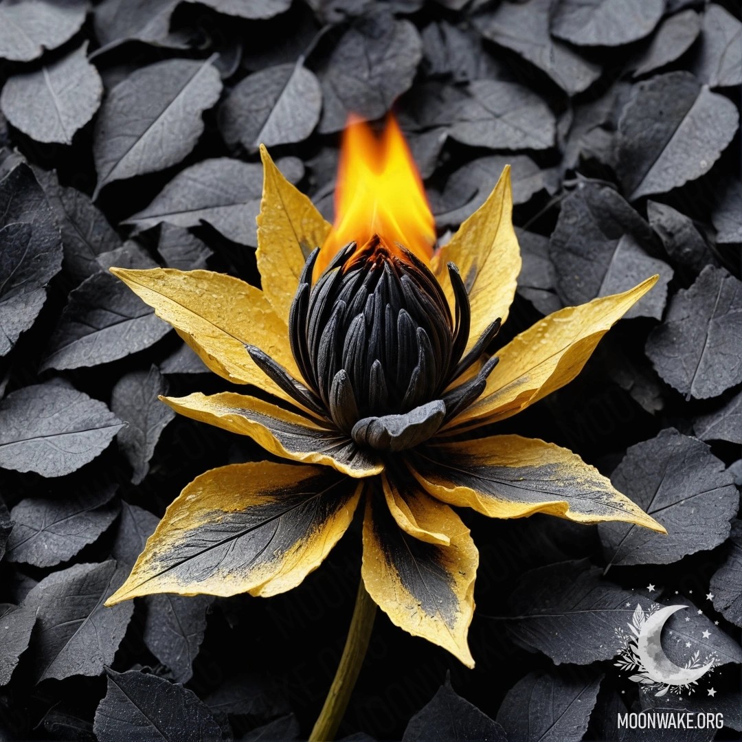 Цветок, сделанный из сгоревшего угля, с лепестками и листьями, также выполненными из сгоревшего угля.