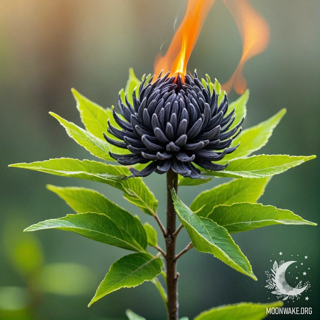 Цветок, полностью состоящий из горящего пепла, с лепестками, стеблем и листьями из пепла.