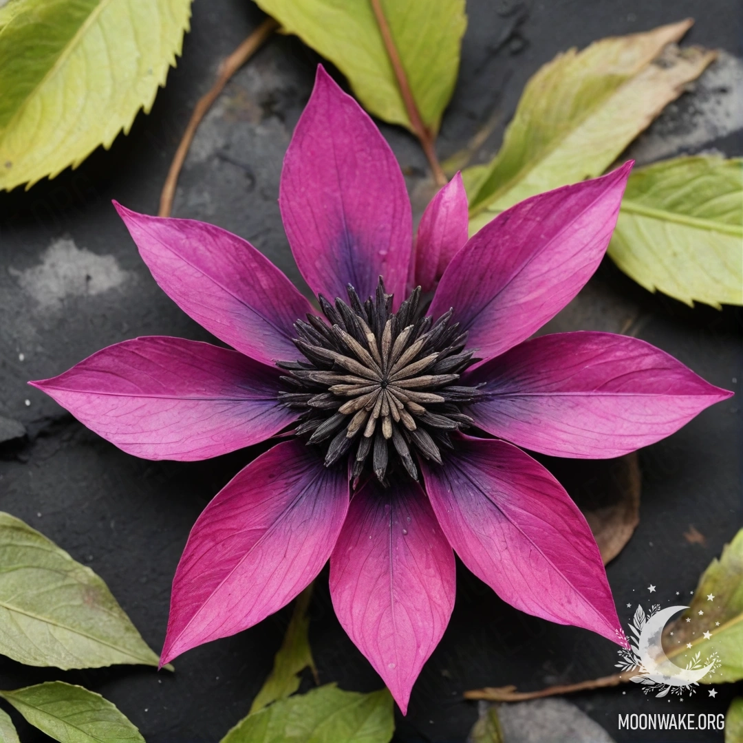 Сюрреалистический цветок, полностью состоящий из горящего пепла, с изящными лепестками, стеблем и листьями, выполненными из пепла.