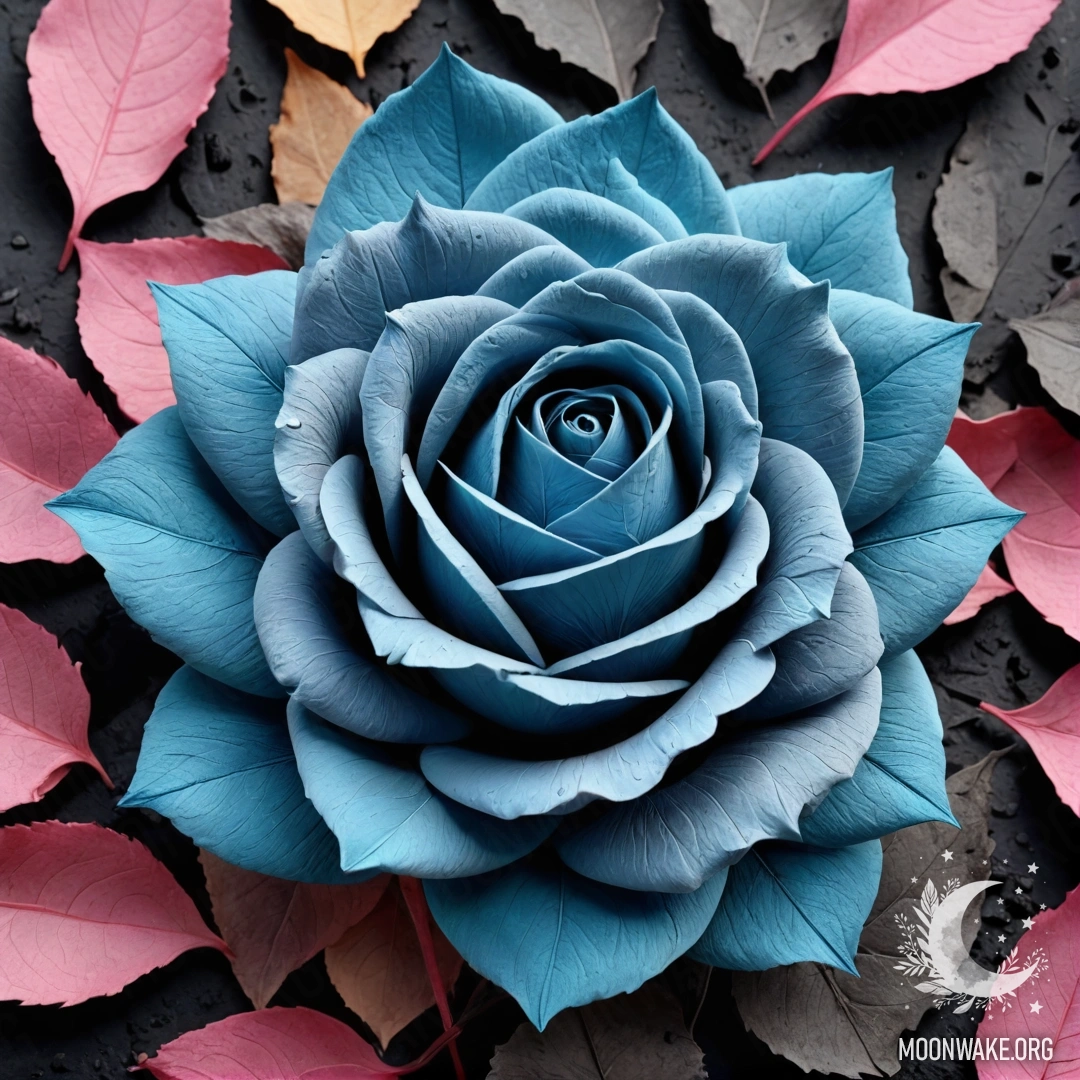 Сюрреалистическая роза из горящего пепла, с лепестками, стеблем и листьями, также изготовленными из горящего пепла.