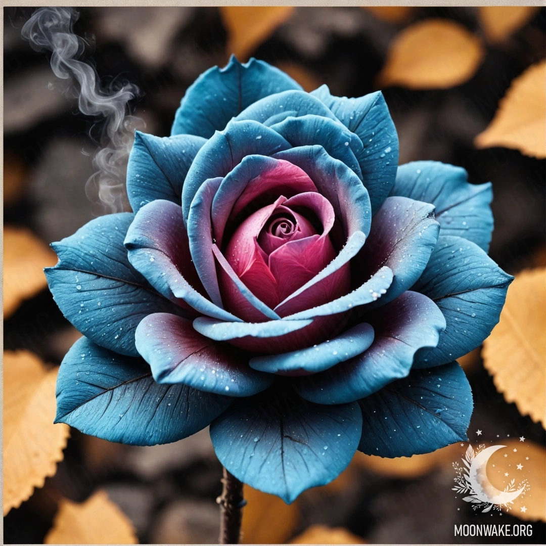 Завораживающая роза, созданная из горящего угля, с лепестками, стеблем и листьями, выполненными из того же дымного материала, мягко сияющего в свете.