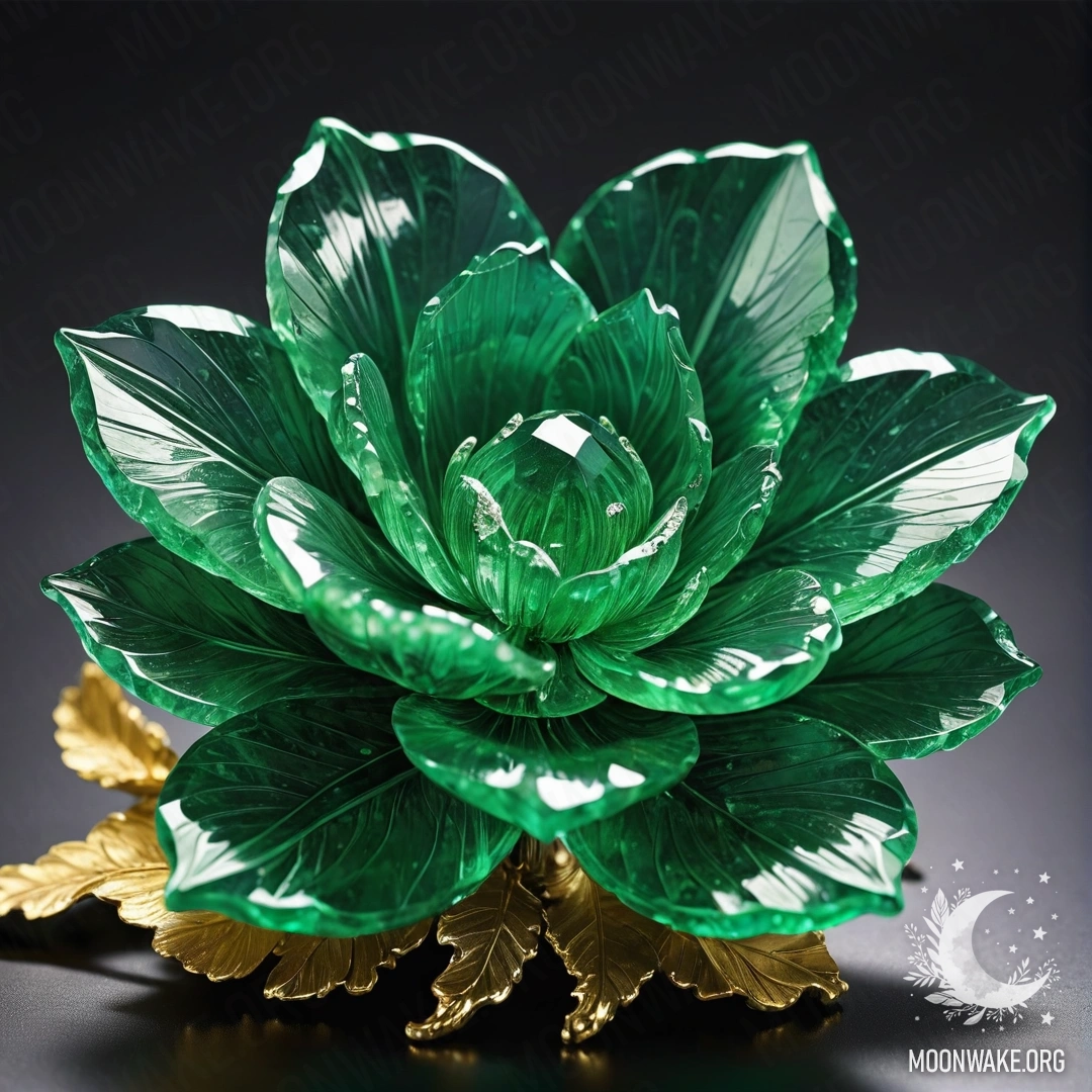 Яркий изумрудный цветок из кристаллов с кристаллическими лепестками, стеблем и листьями.