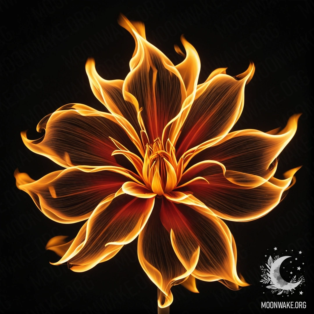 Цветок, сделанный из огня, с лепестками, стеблем и листьями, охваченными пламенем.