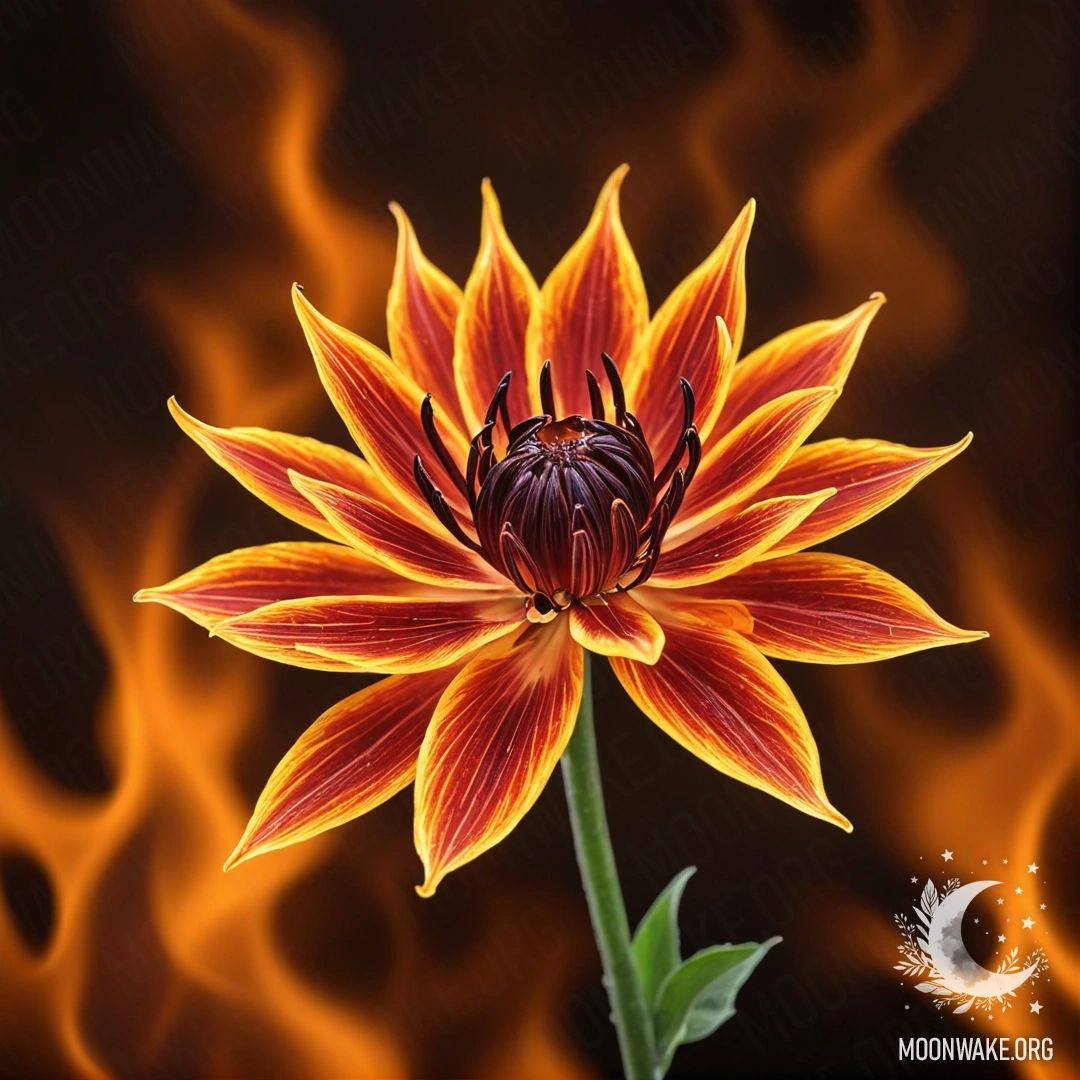 Фантастический цветок, созданный из огня, с огненными лепестками и стеблем.