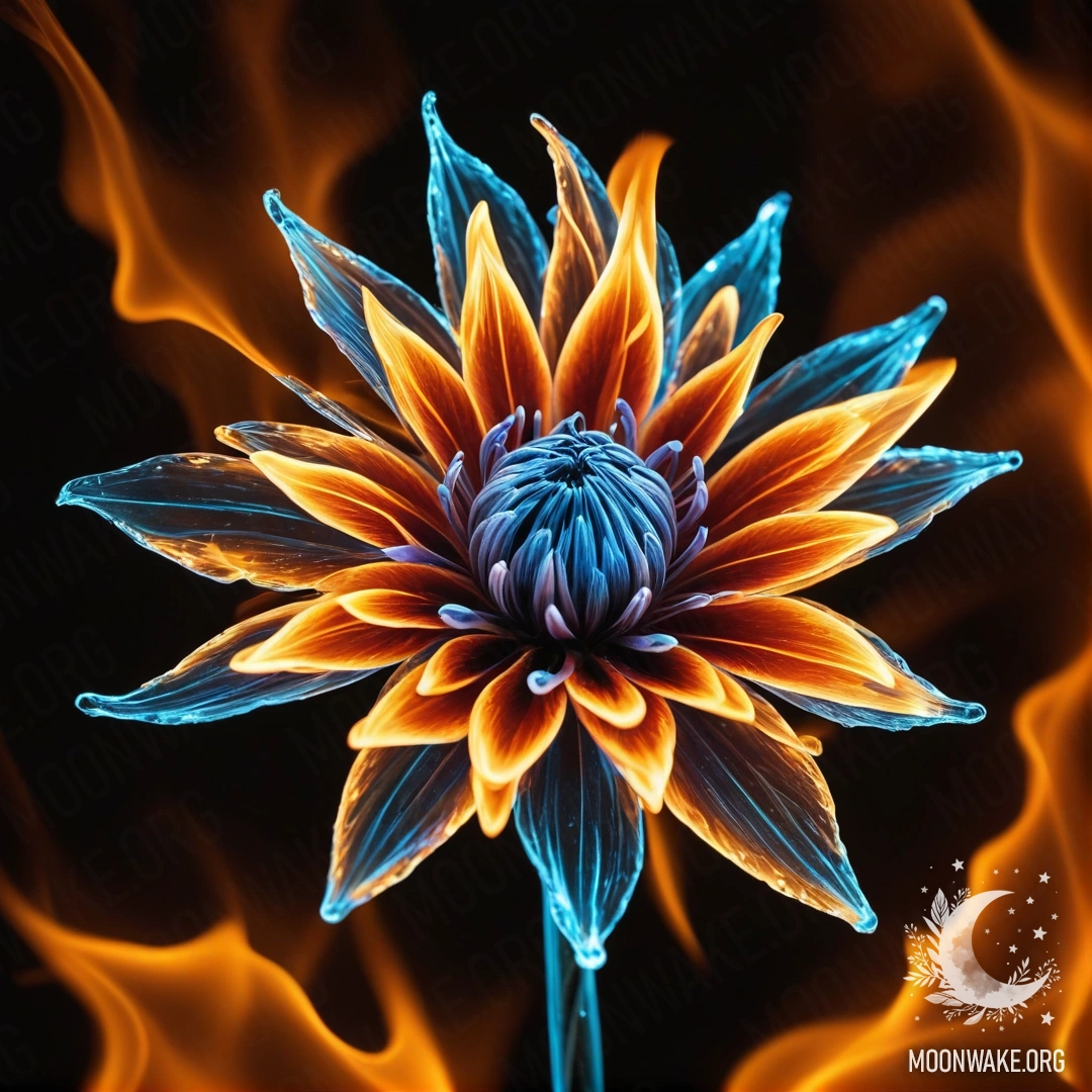 Завораживающий цветок, полностью состоящий из огня, с пылающими лепестками, стеблем и листьями.