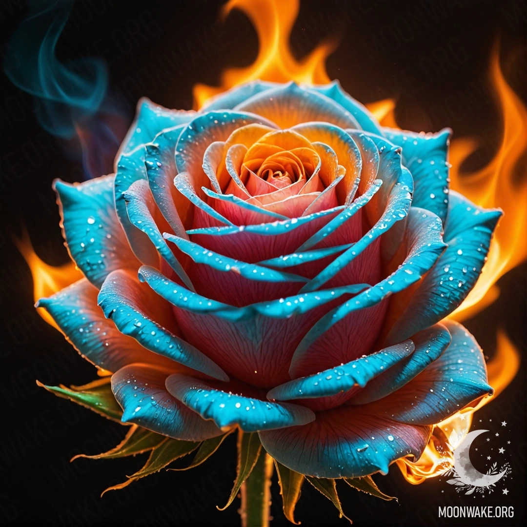 Воображаемое изображение розы, полностью сделанной из огня, с огненными лепестками, стеблем и листьями.