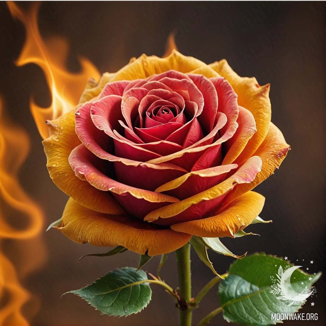 Завораживающая роза, сделанная целиком из сверкающего огня с огненными лепестками, стеблем и листьями.