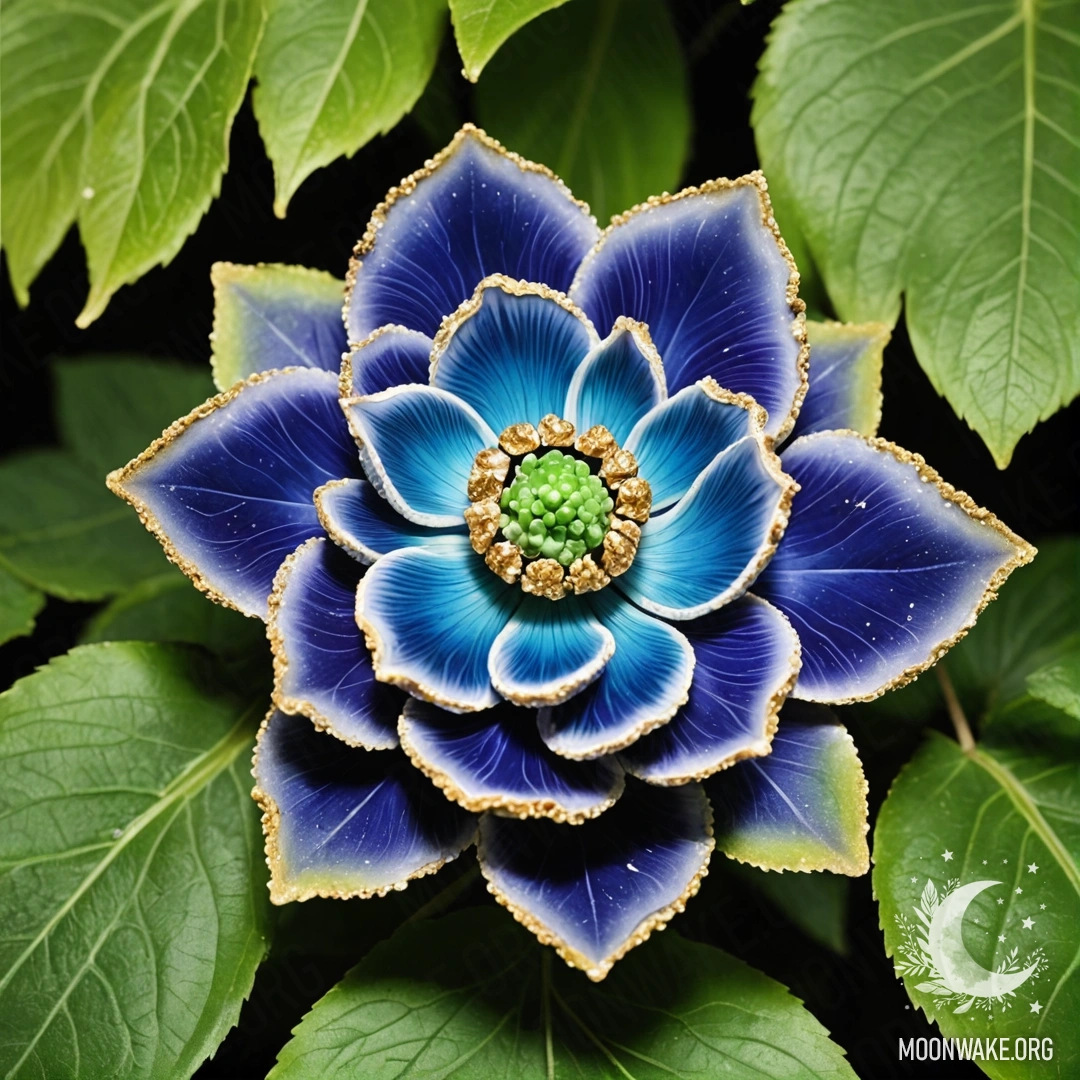 Завораживающий цветок, полностью выполненный из сверкающих геодов, с лепестками, стеблем и листьями, созданными из одних и тех же ярких минеральных образований.