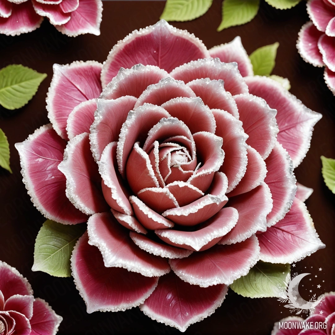 Удивительная роза, выполненная полностью из сверкающего геода, с лепестками в виде геода и стеблем, также сделанным из геода с нежными листьями.