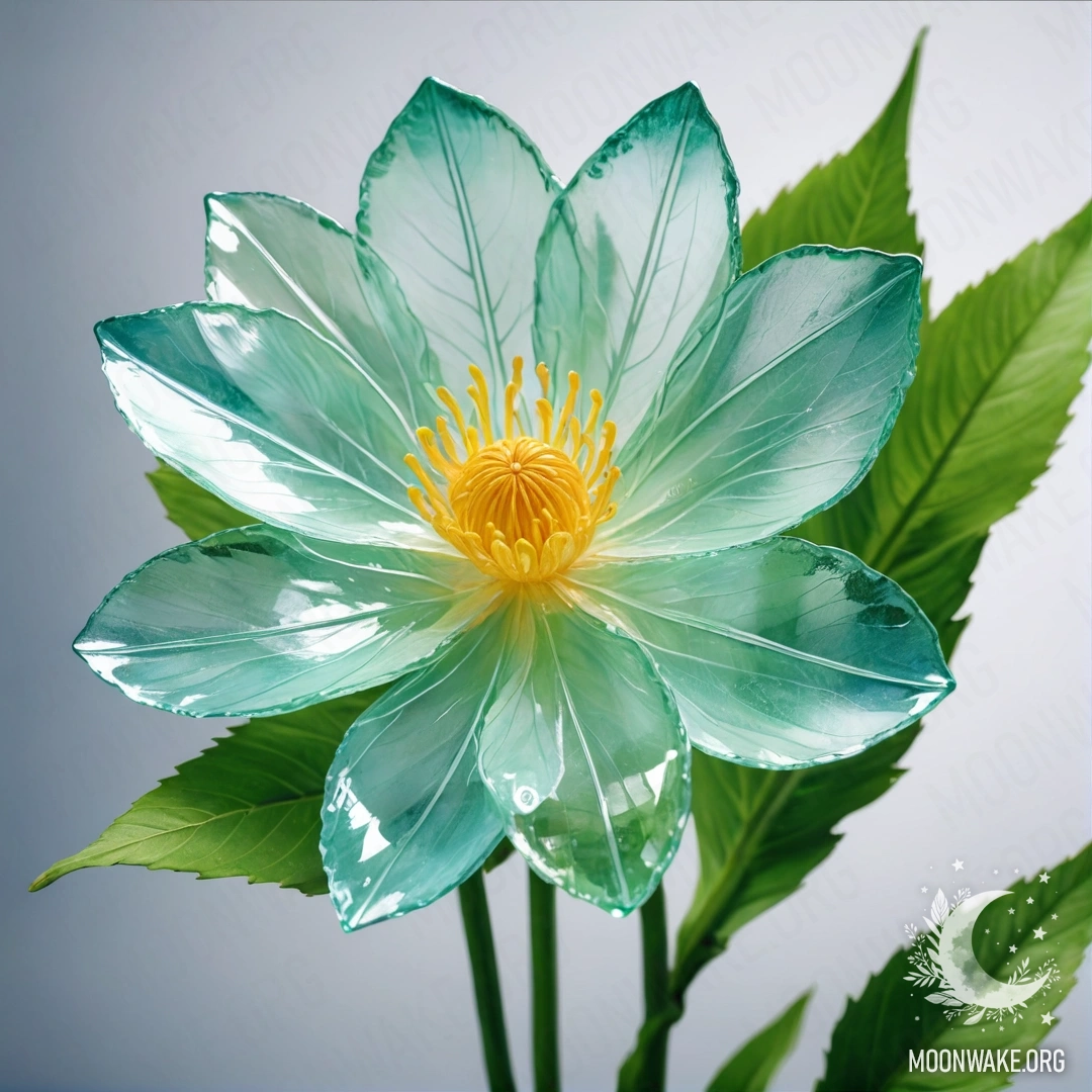 Нежный цветок, полностью выполненный из стекла, с прозрачными лепестками, стеблем и листьями.