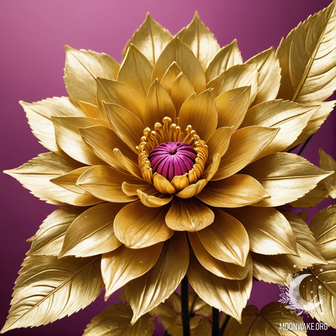 Завораживающий золотой цветок с лепестками, стеблем и листьями, выполненными из золота.