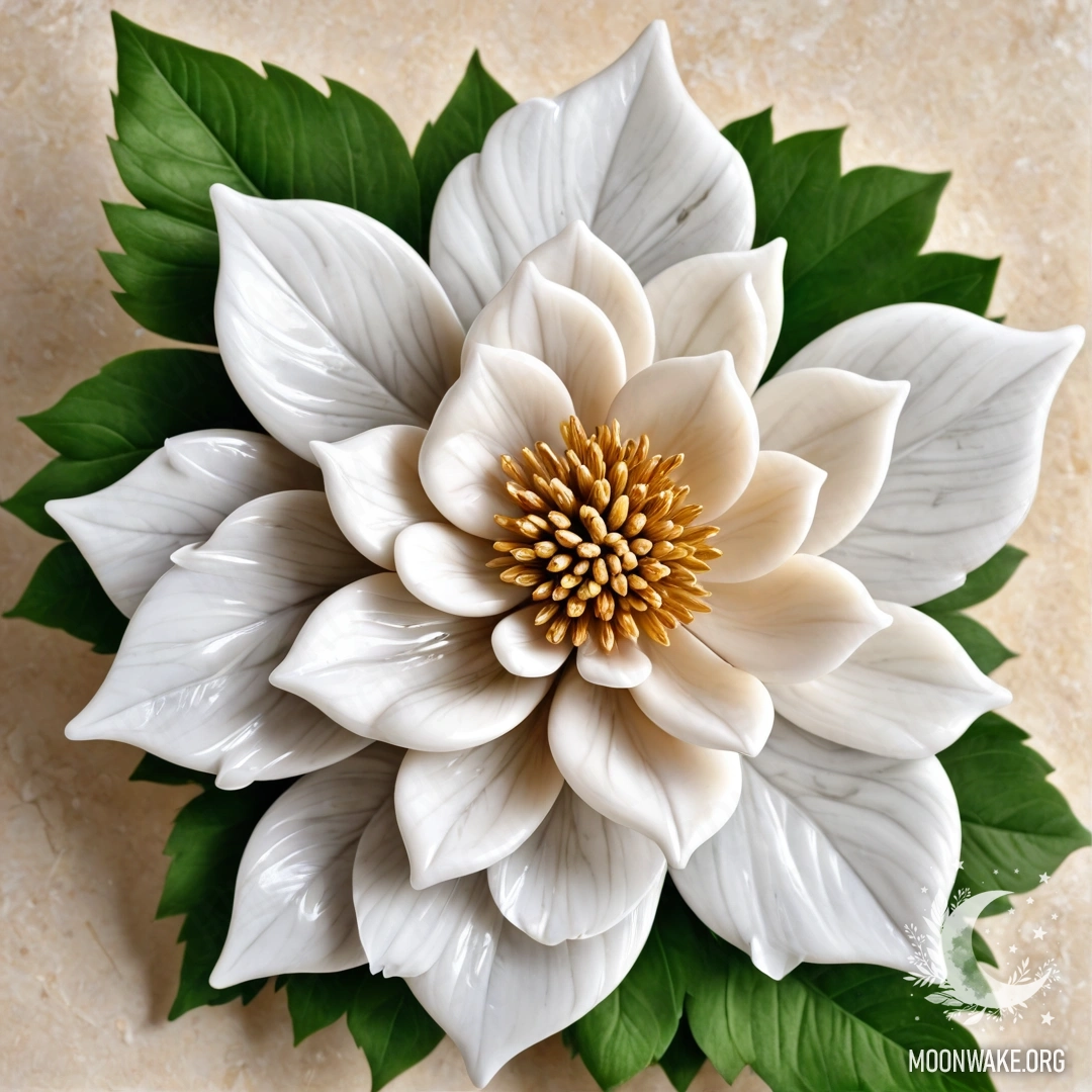 Удивительный цветок, полностью выполненный из мрамора, с нежными лепестками, стеблем и листьями, созданными из мрамора.