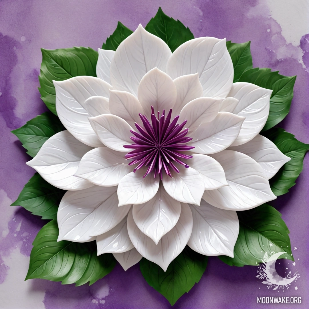 Мраморный цветок с мраморными лепестками, стеблем и листьями.