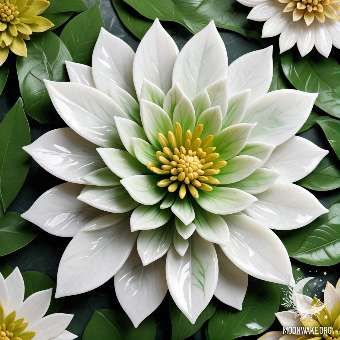 Великолепный цветок, полностью созданный из мрамора, с искусно вырезанными лепестками, стеблем и листьями.