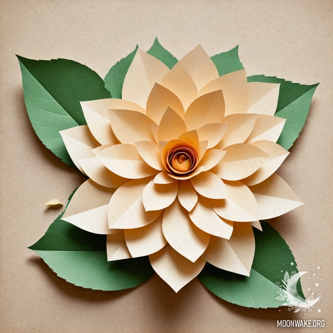 Красиво изготовленный бумажный цветок с нежными лепестками, стеблем и листьями из бумаги.