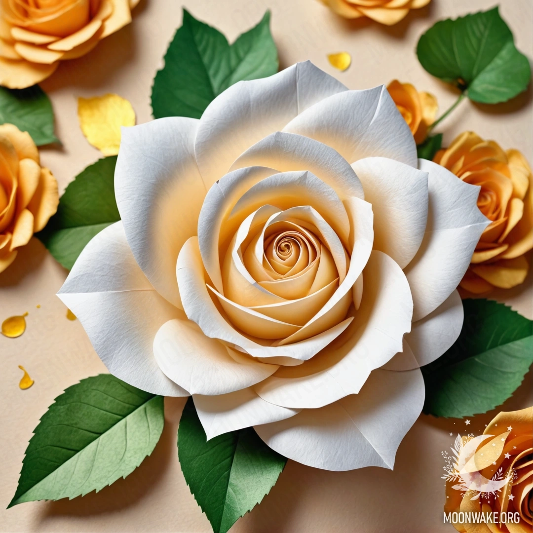 Изысканная роза, полностью созданная из бумаги, с детализированными лепестками, стеблем и листьями.