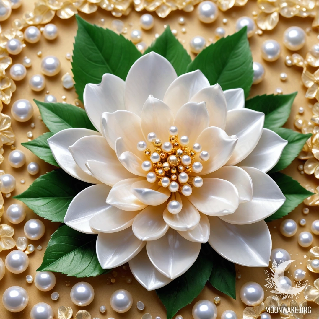 Завораживающий цветок, сделанный из жемчуга, с изящными лепестками из жемчуга и стеблем, украшенным жемчужными листьями.