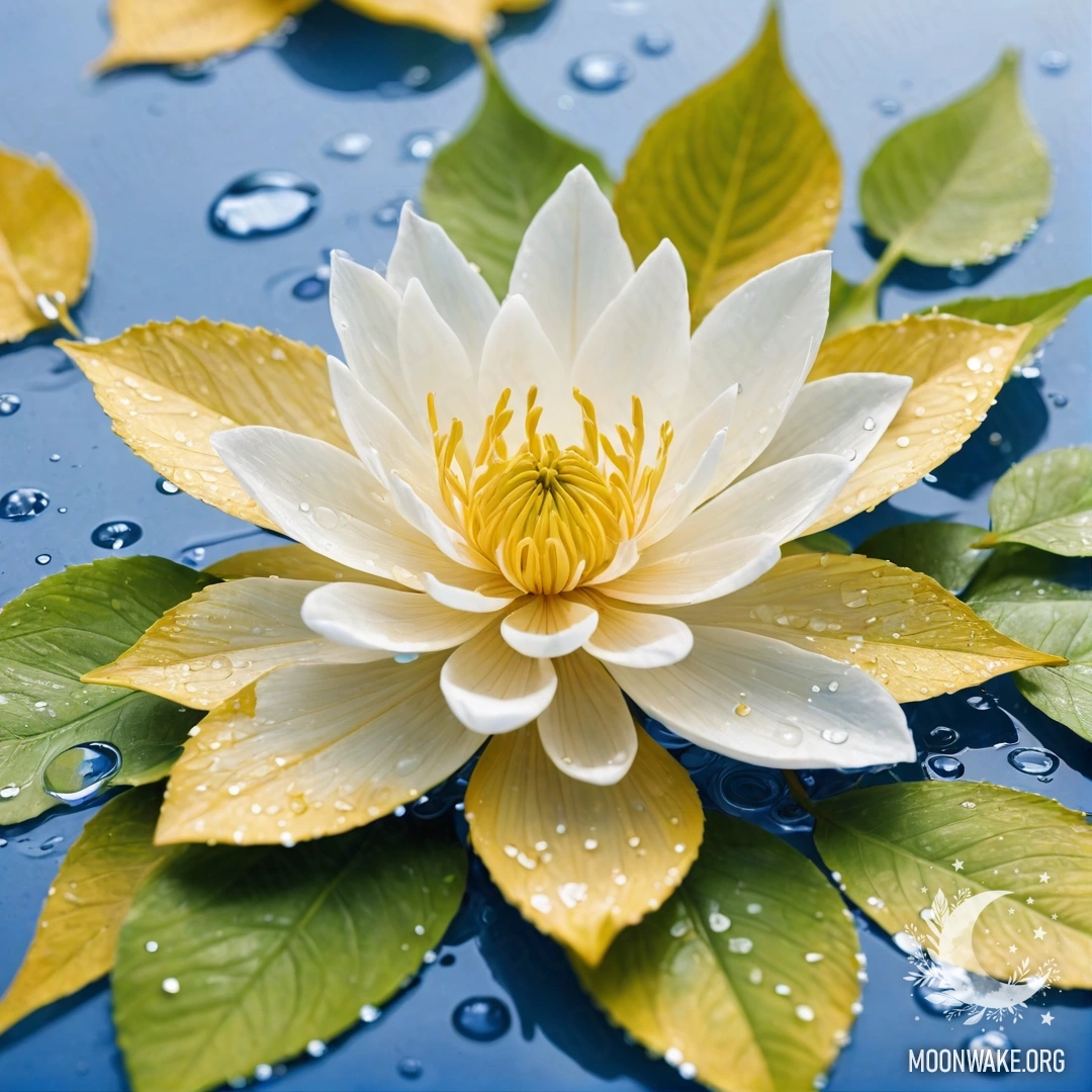 Красивый цветок, полностью созданный из водяного искусства, с нежными лепестками, тонким стеблем и пышными листьями, сверкающими водяным блеском.