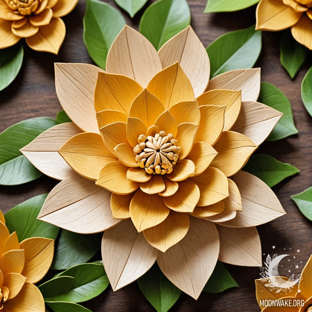 Удивительный цветок, выполненный полностью из дерева, с деревянными лепестками, стеблем и листьями.