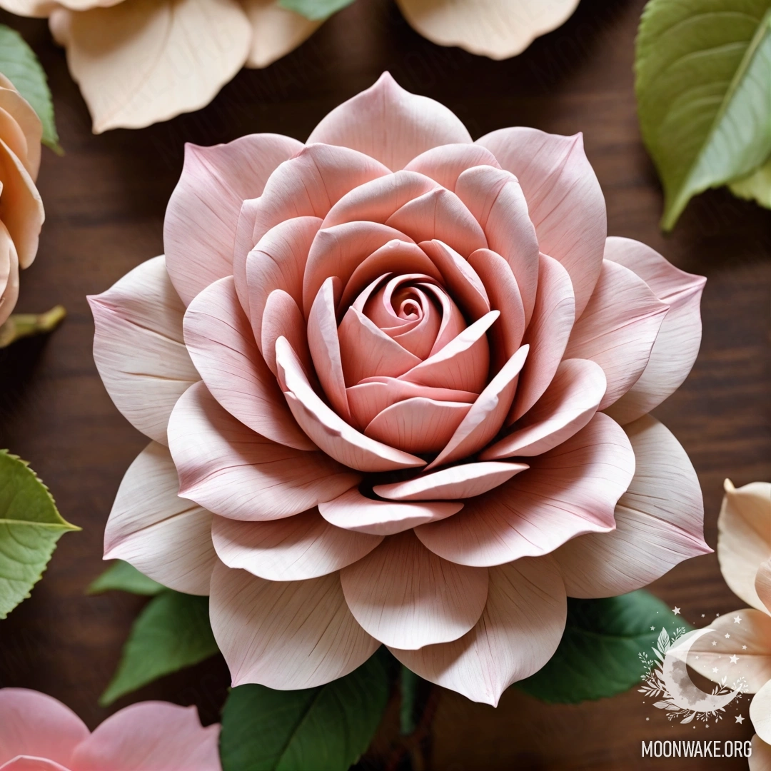 Красиво исполненная роза, полностью сделанная из дерева, с деревянными лепестками, стеблем и листьями.