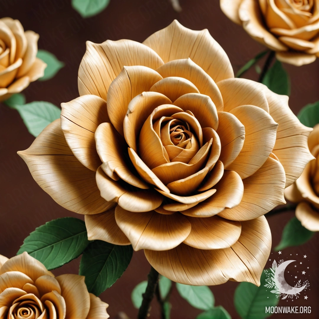 Деревянная роза с лепестками, стеблем и листьями, выполненными из дерева.