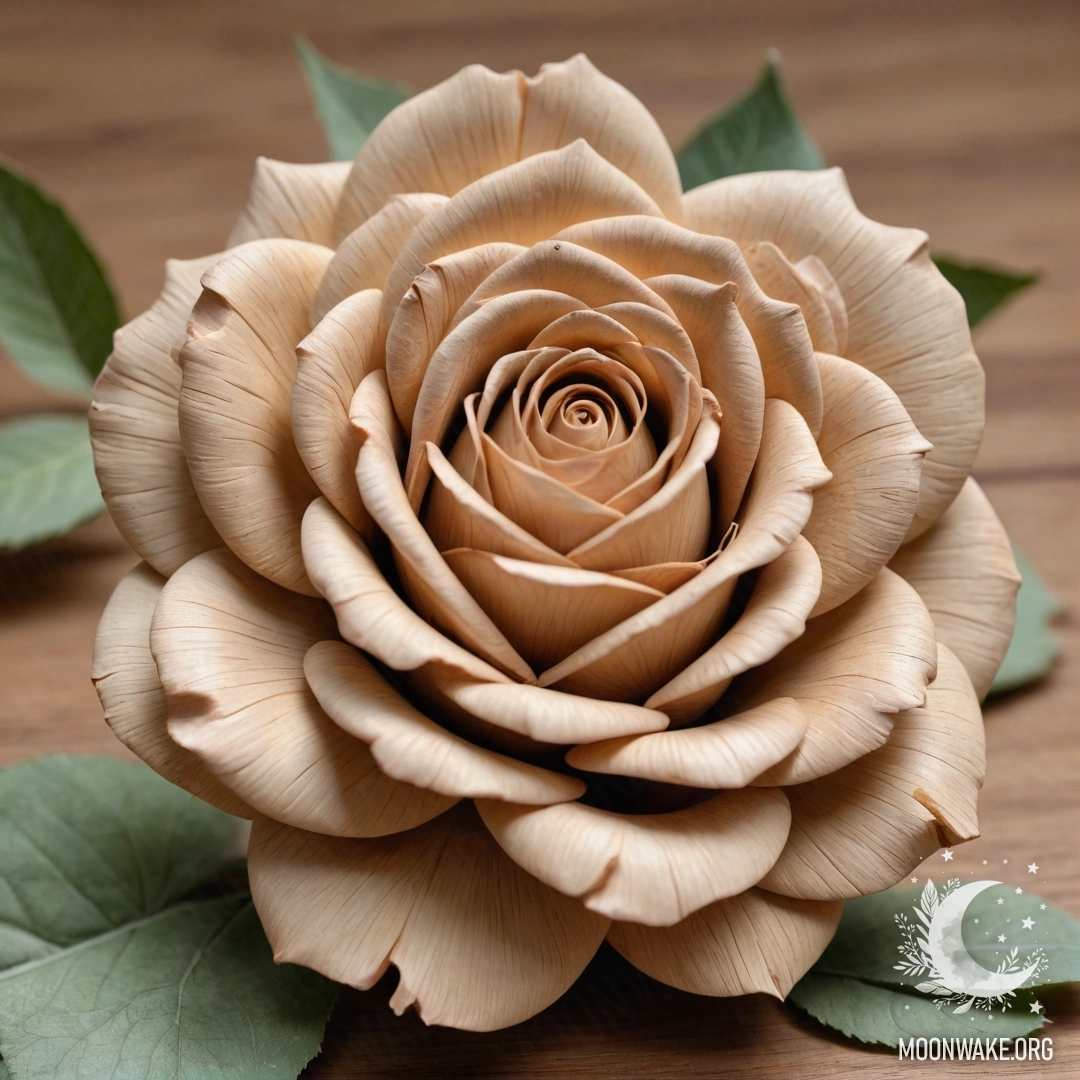 Красиво выполненная деревянная роза с деревянными лепестками.