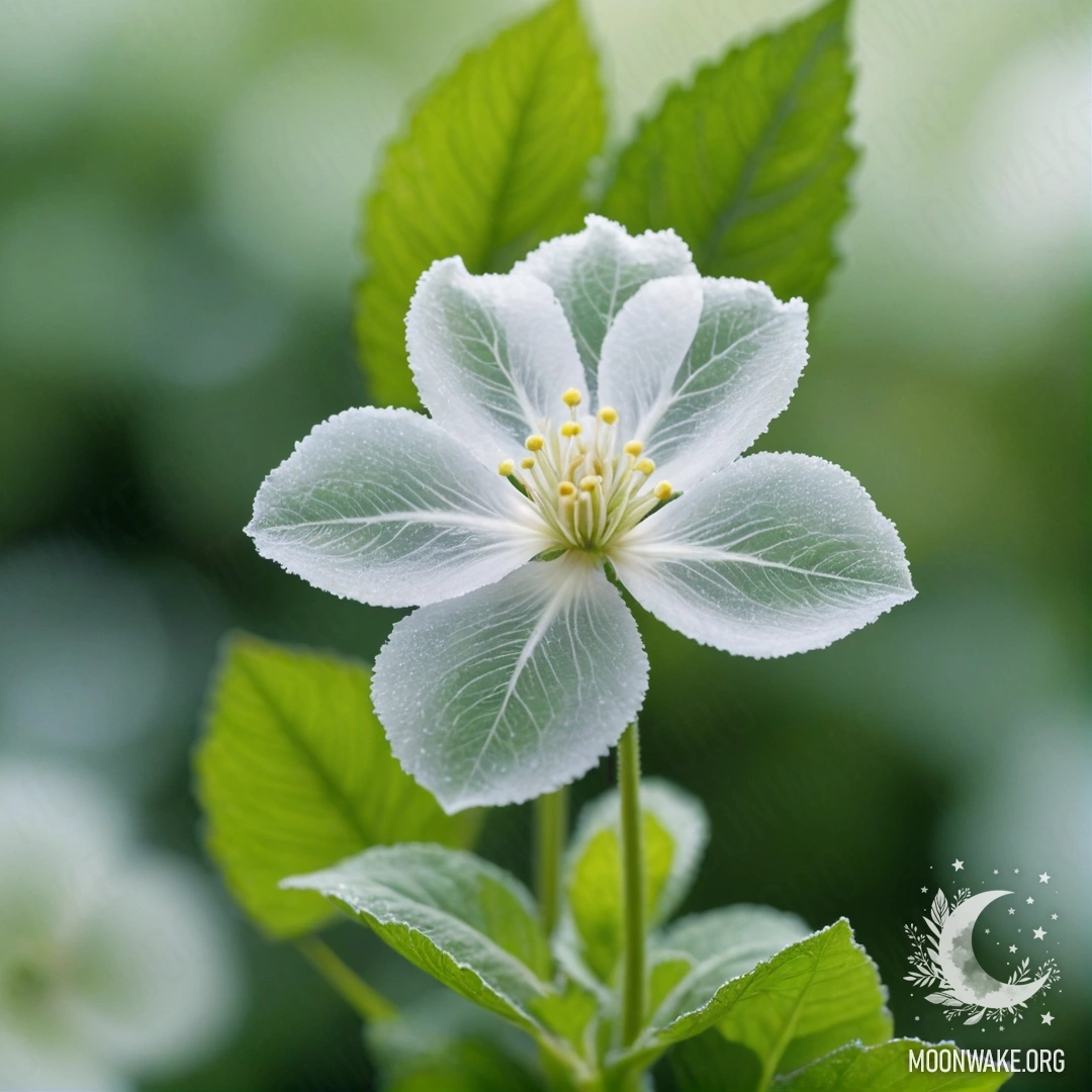 Сюрреалистичный цветок, полностью состоящий из тумана, с лепестками, стеблем и листьями, созданными из эфемерного облака.