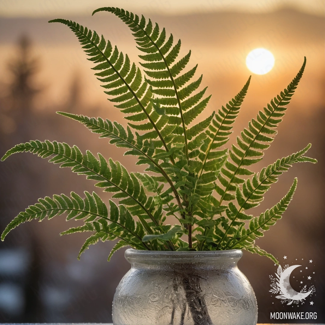 Красивый папоротник в морозной вазе на закате, выполненный в оливковом цвете.