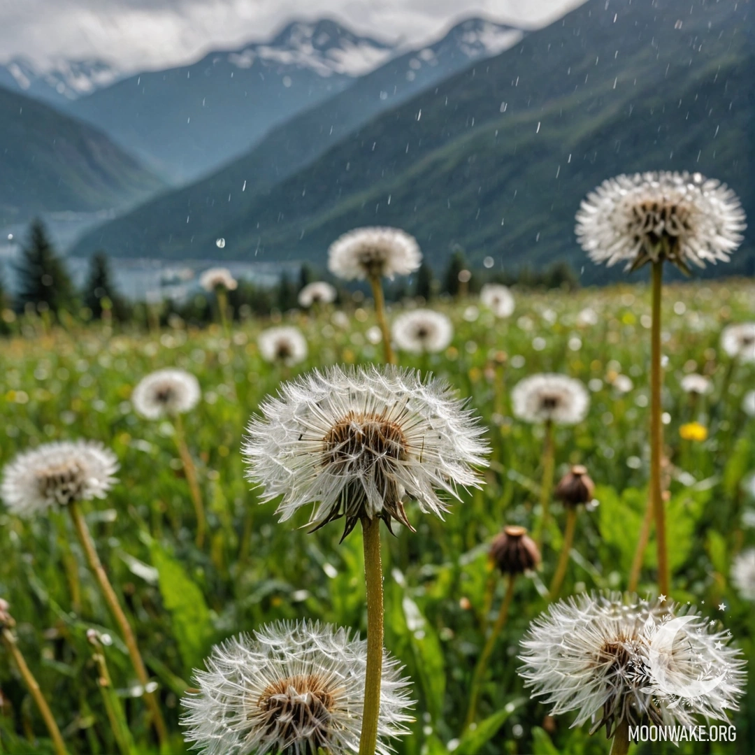 Крупный план одуванчиков на поле с расплывчатыми горами на фоне, нежный дождь падает на цветы.
