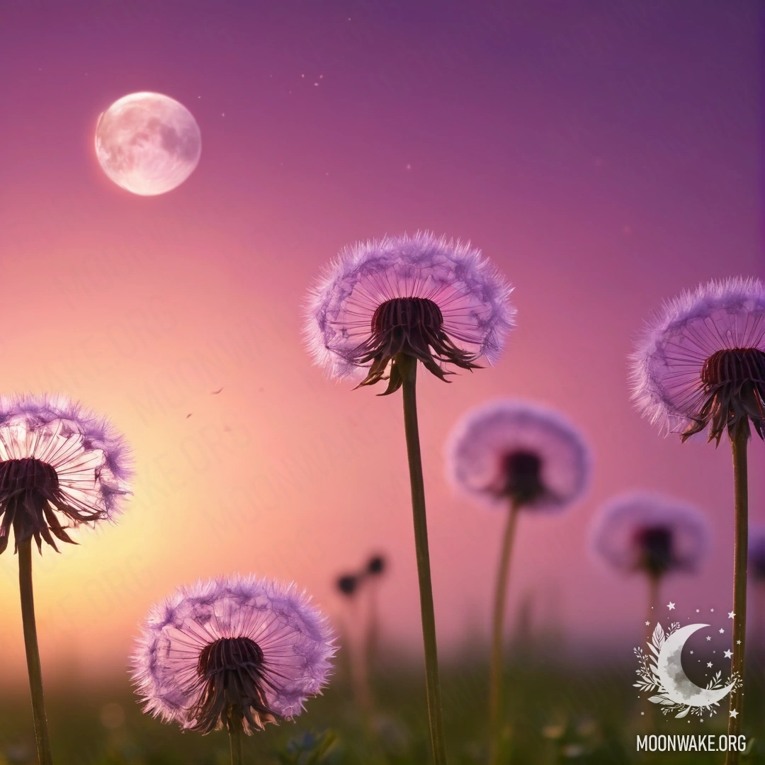 Крупный план одуванчиков на фоне розово-фиолетового неба с луной.