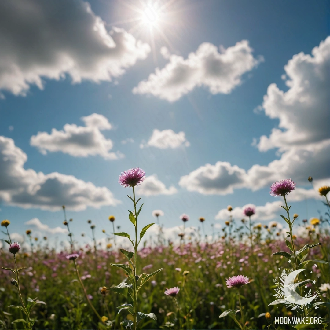 Крупный план нежных полевых цветов на фоне великолепно размытого неба с облаками.