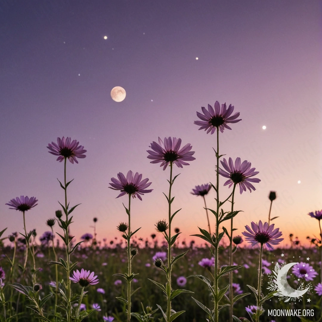 Крупный план ярких цветов на поле на фоне розового фиолетового неба и луны на закате.
