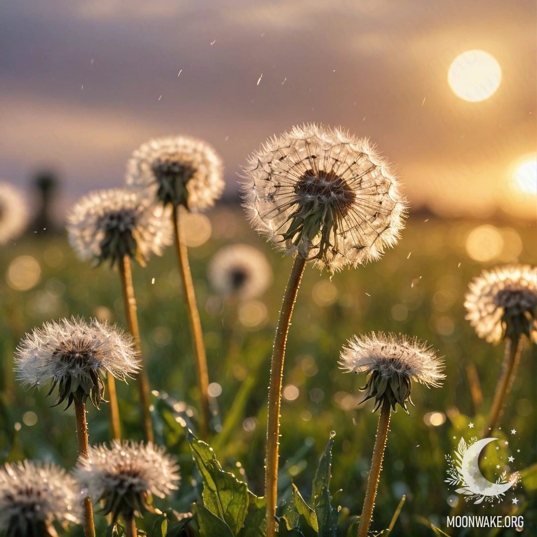 Крупным планом одуванчики на красивом поле во время заката с эффектом боке и дождём.