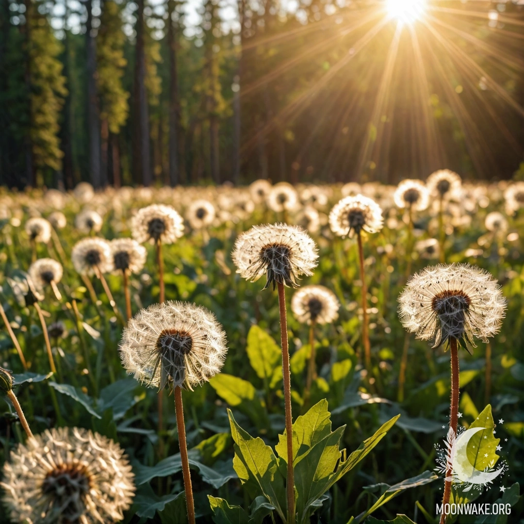Приблизительный план одуванчиков на красивом поле с размытым лесным фоном и солнечными лучами на закате.