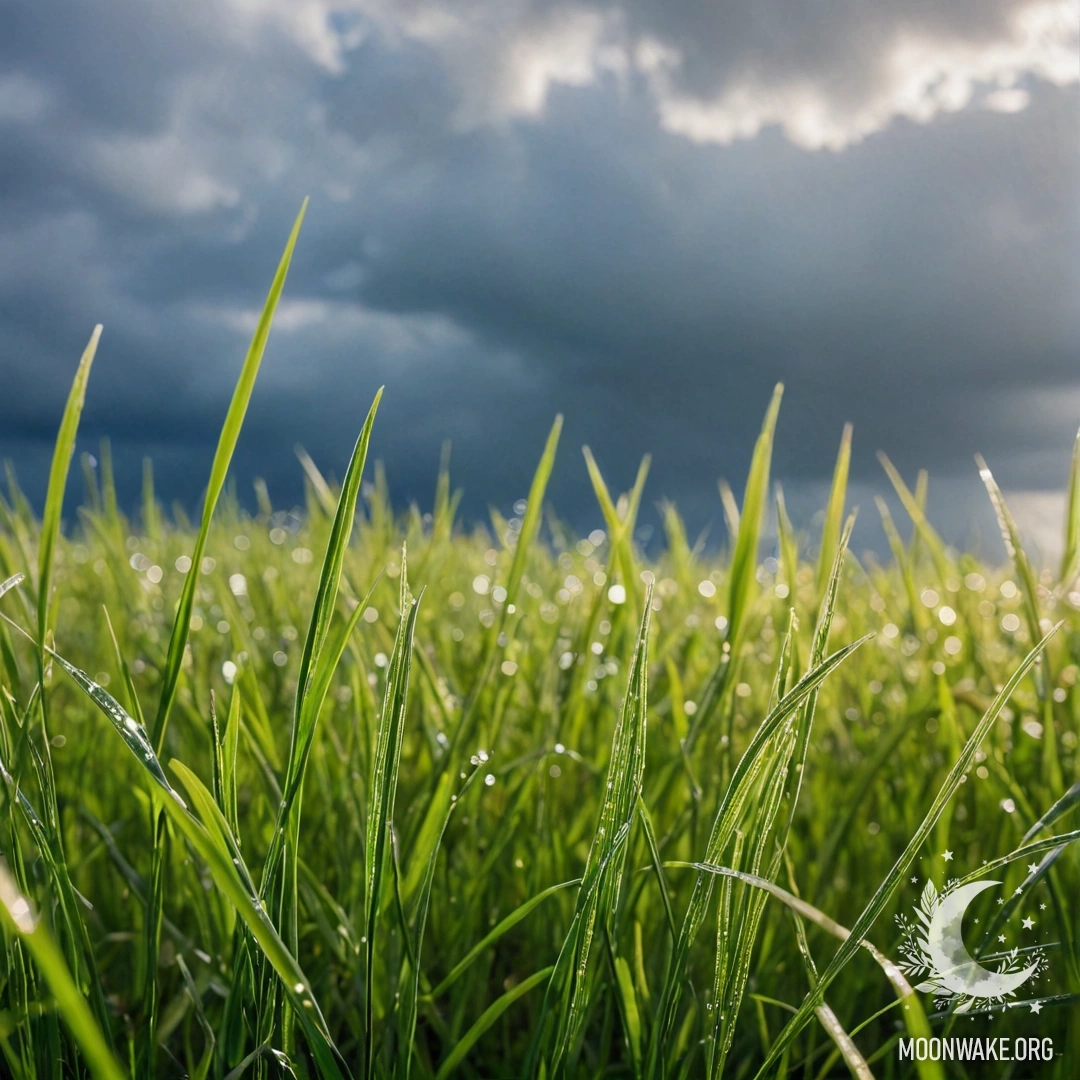 Крупный план травы на красивом поле с мечтательным боке неба и облаками под мягким дождем.