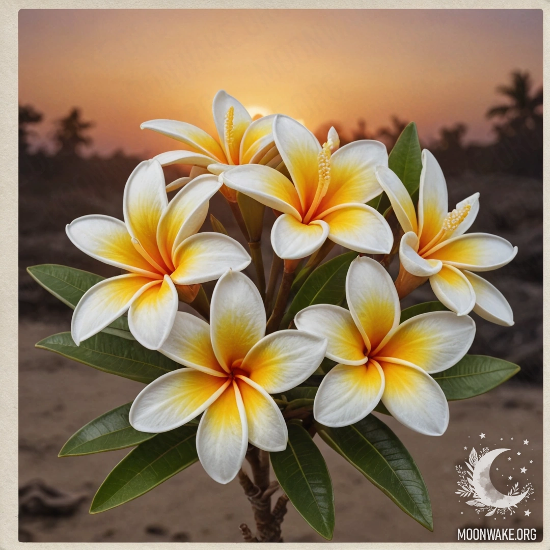 Букет плосих плюмерий, выполненных из огня, среди льда на закате.