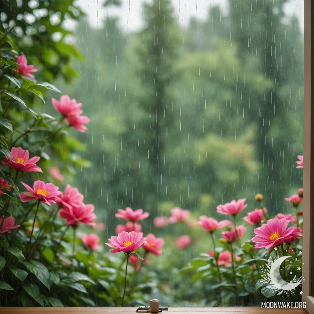 Крупный план цветочной занавески с размытым цветущим садом за окном, видимым под дождем.