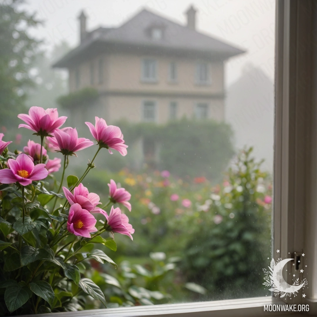 Крупный план цветочной занавески с окном и цветущим садом на заднем плане.
