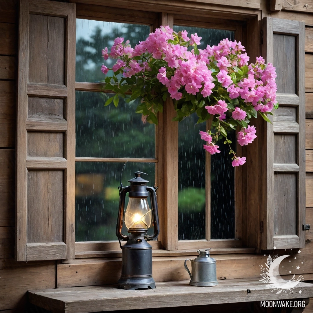 Близи цветочной занавески с окном и цветущим садом на заднем плане.