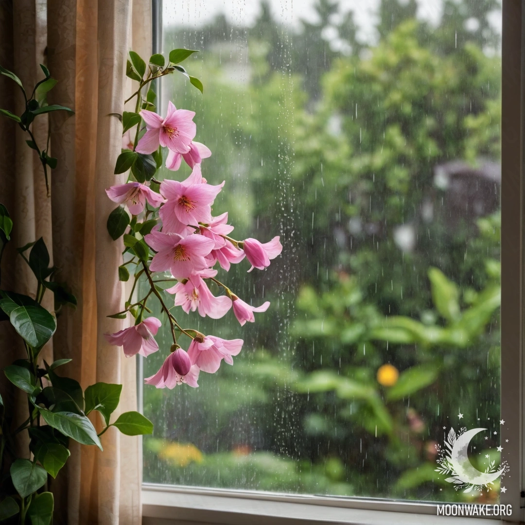 Крупный план цветочного занавеса с цветущим садом за окном, размытым под дождём.