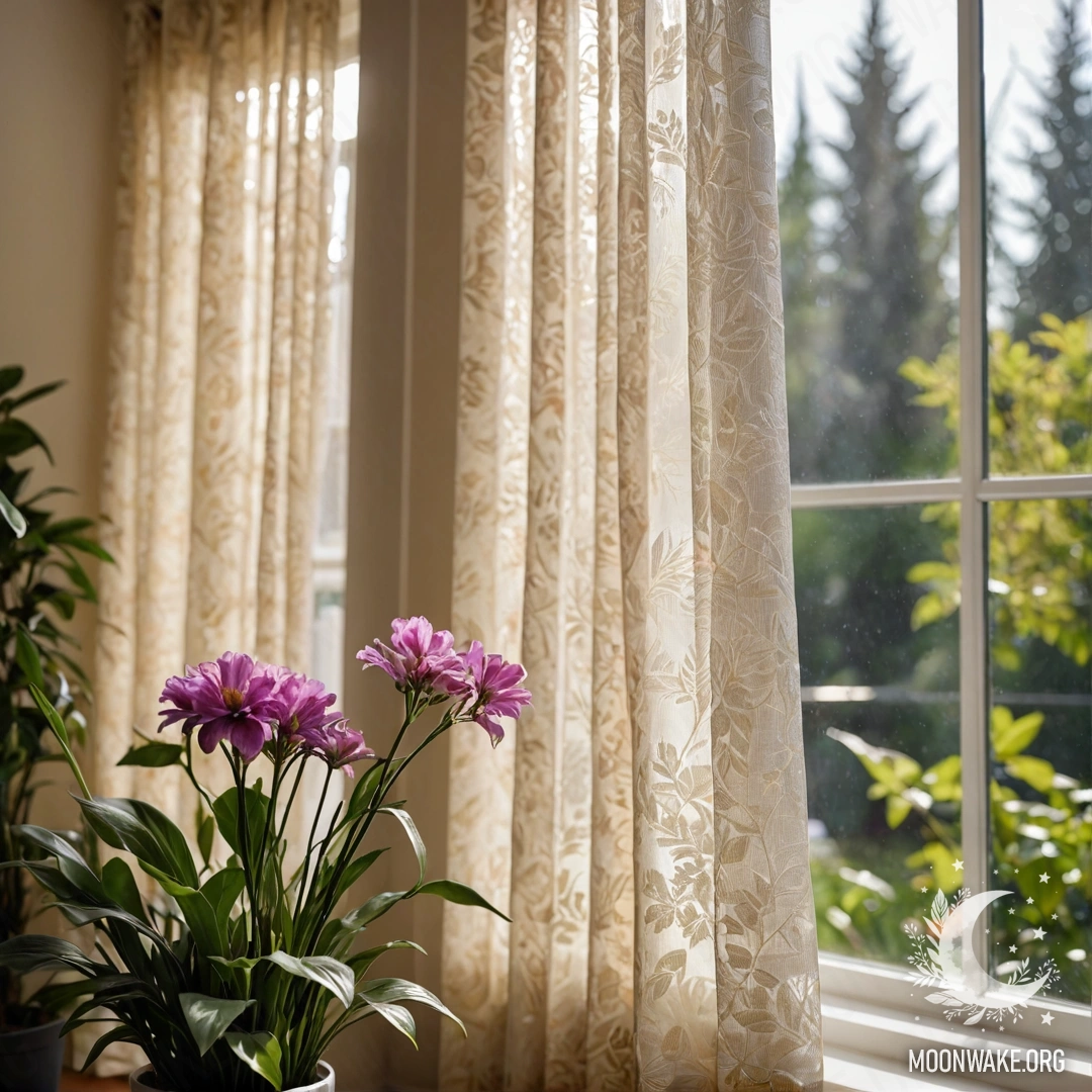 Крупный план цветной занавески с цветочным рисунком на фоне окна и размытым цветущим садом снаружи.