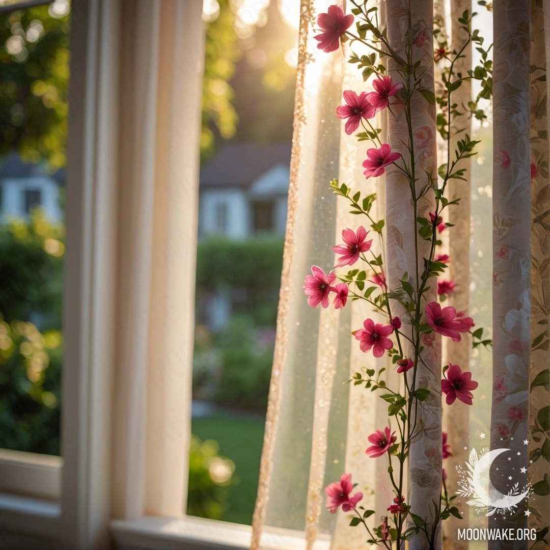 Крупный план цветочной занавески с окном за ней, с видом на цветущий сад на закате.