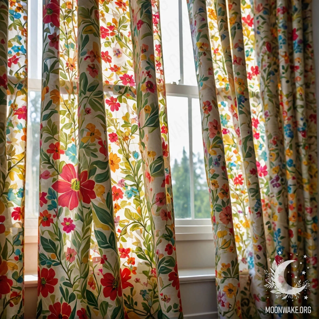 Крупный план завесы с цветочным принтом, за которой находится окно, ведущее к цветущему саду с солнечными лучами.