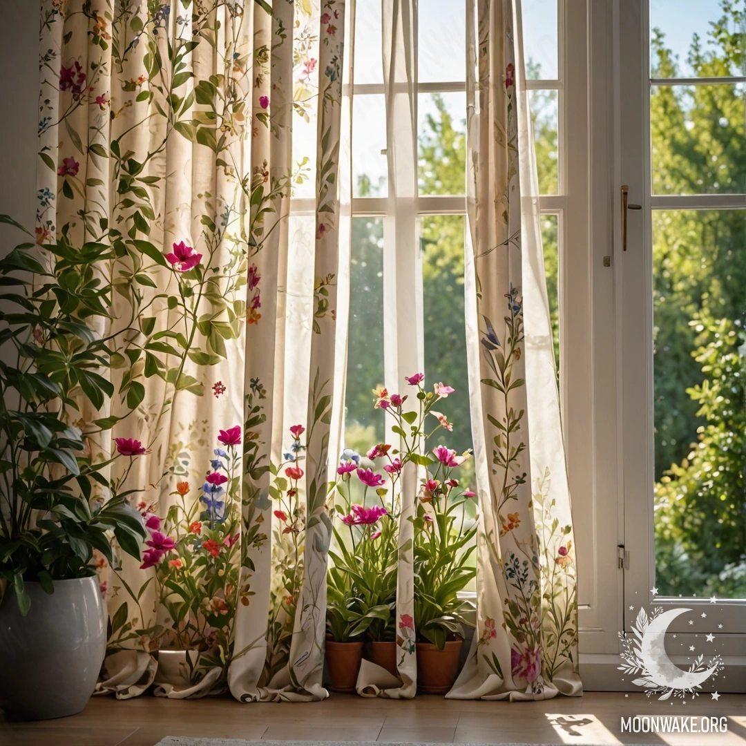 Крупный план цветочной занавеси с цветущим садом на заднем плане.