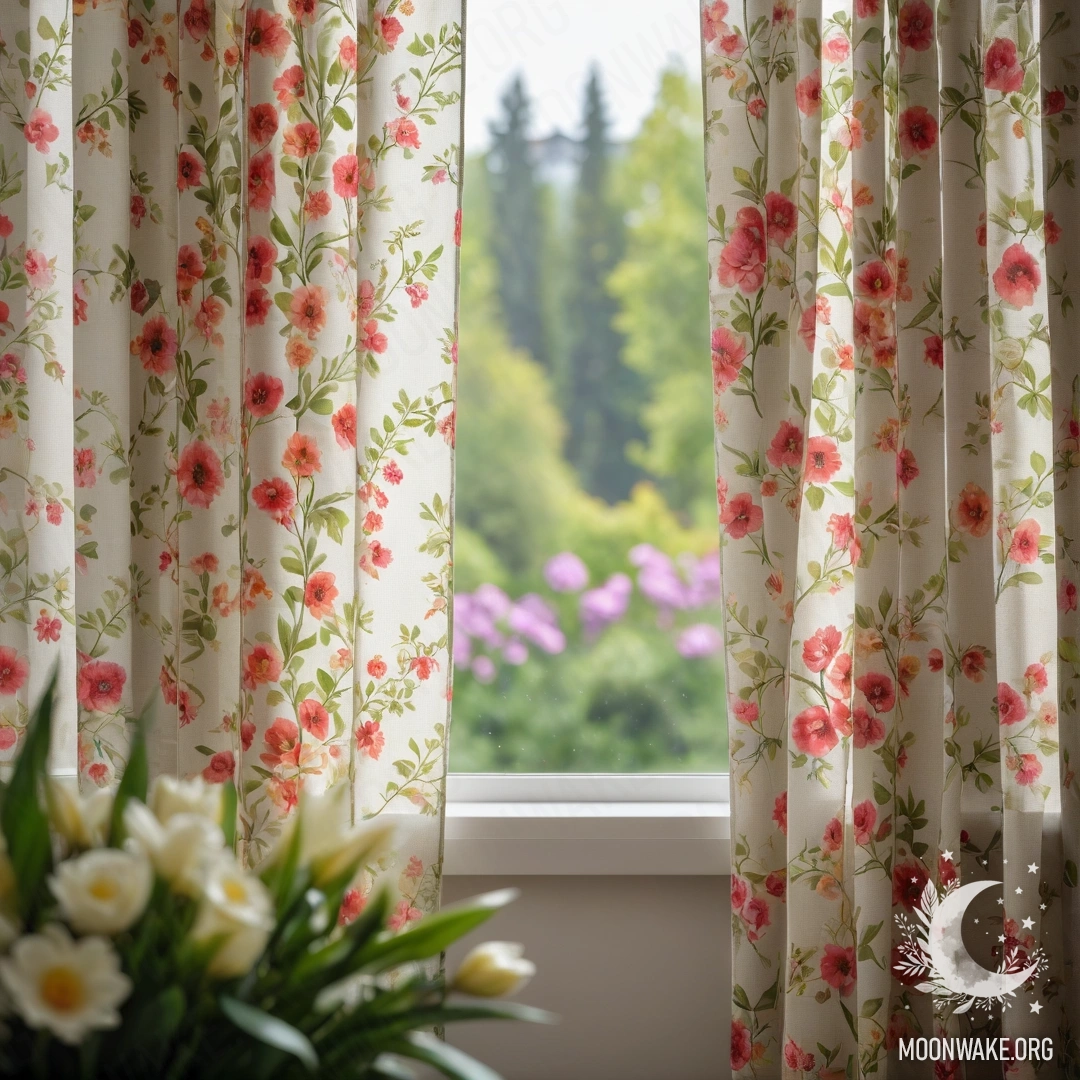 Крупный план цветной занавески с окном и цветущим садом на заднем плане.