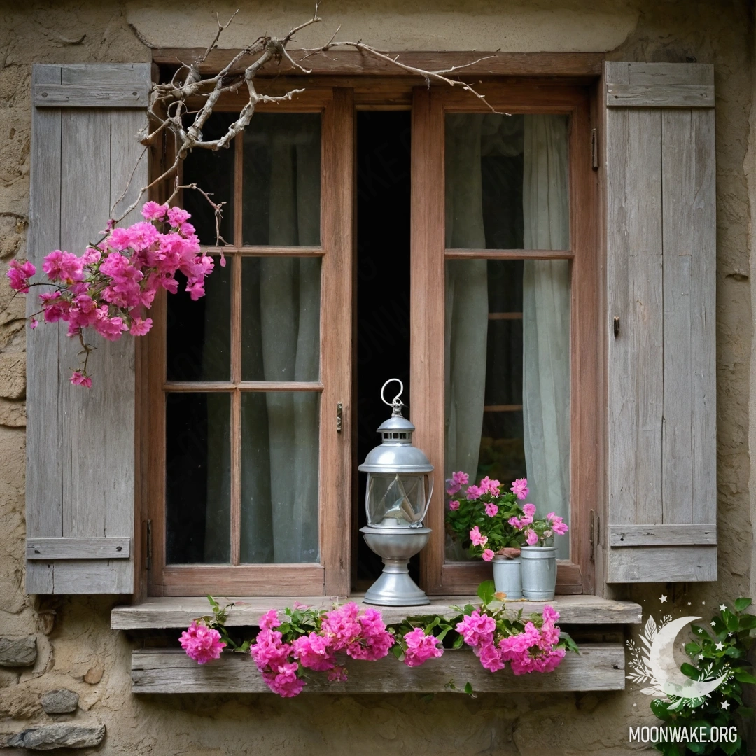 Крупный план цветочной занавески, окна и цветущего сада снаружи на закате.
