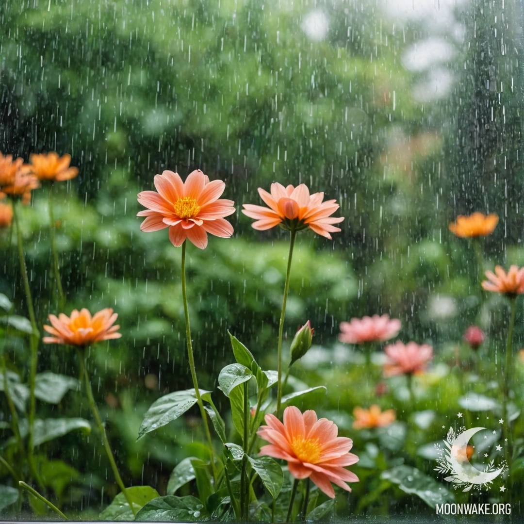 Крупный план цветочной занавески перед окном с цветущим садом в мягком боке под дождем