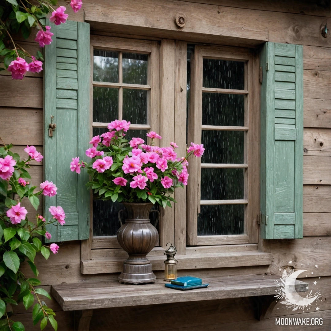 Крупный план цветочной занавески на фоне окна, за которым виден размытый цветущий сад в густом тумане.