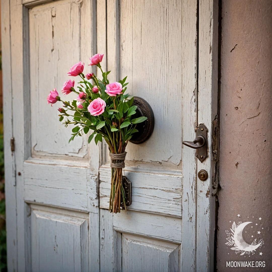 Крупный план цветочной занавески, закрывающей окно, за которым виден цветущий сад под дождем.