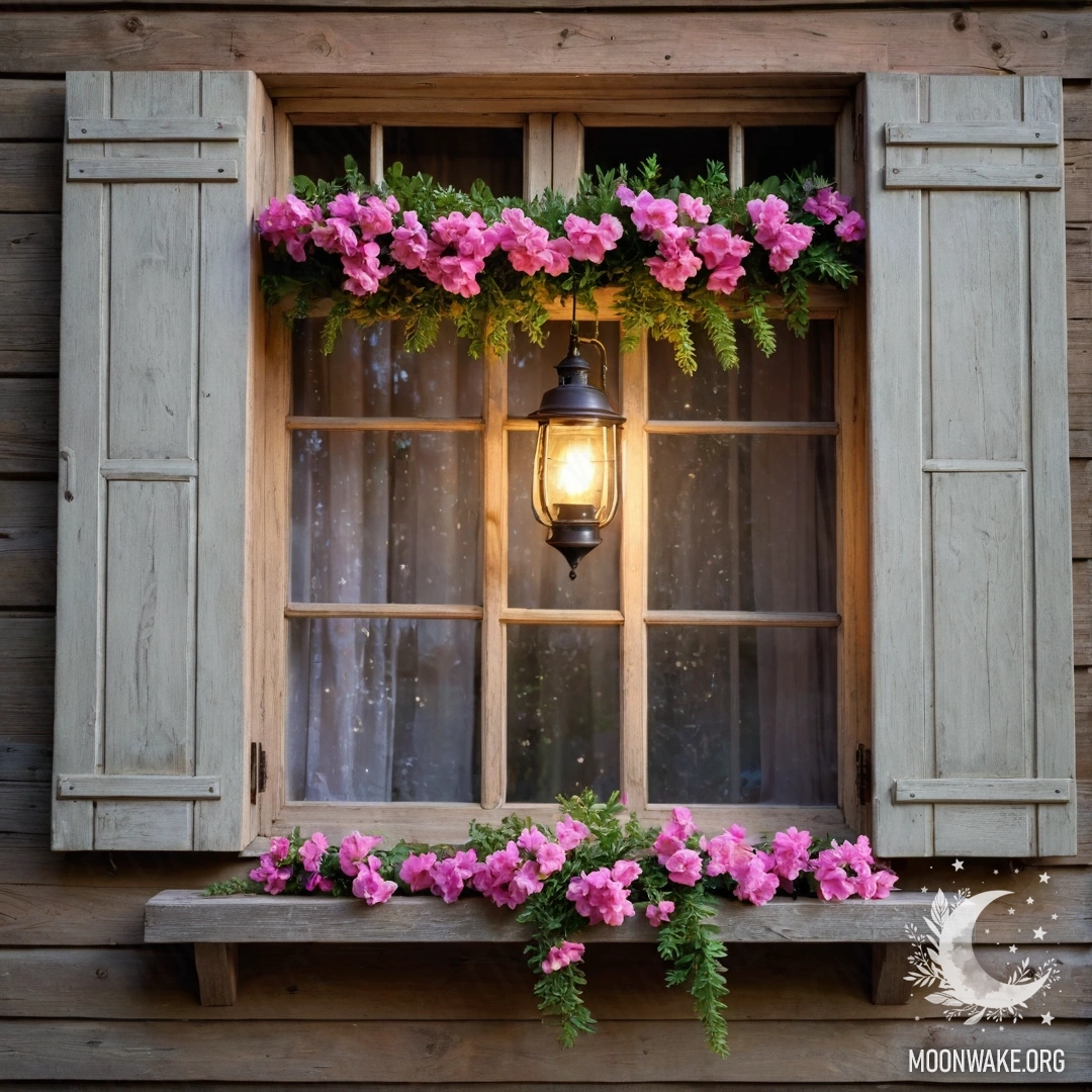 Крупный план цветной шторы с зеленым узором и окном за ней, за окном цветущий сад, освещенный закатным боке.